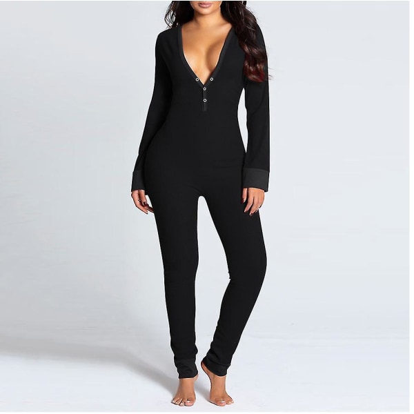 Lingerie Jumpsuit med Bakficka för Kvinnor Onesie Pyjamas Bakåtknappad Bodycon Nattkläder Vuxna Onesies Combinaison Pyjama Femme Apple M