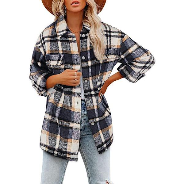 Kvinnors Klassiska Rutiga Knappskjortor Långärmad Flanell Kragejacka Höst och Vinter Casual Lös Ull Cardigan Kavaj BLUE2 XS