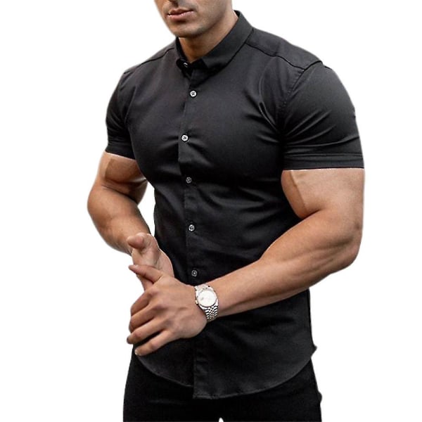 Damskjortor med enkel passform för män med kort ärm, fritidsskjortor med casual knappar Black M