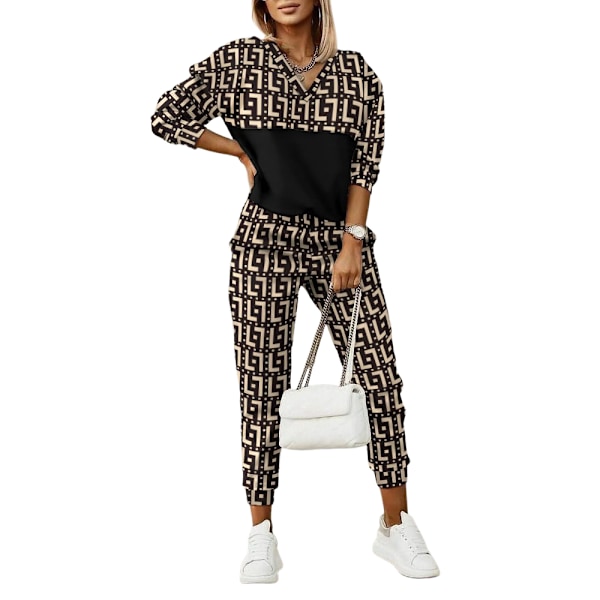 Kostym för kvinnor, flerfärgad tryckt långärmad byxdress med huva, smal, elegant, pendlar-kostym BLACK1 XXL