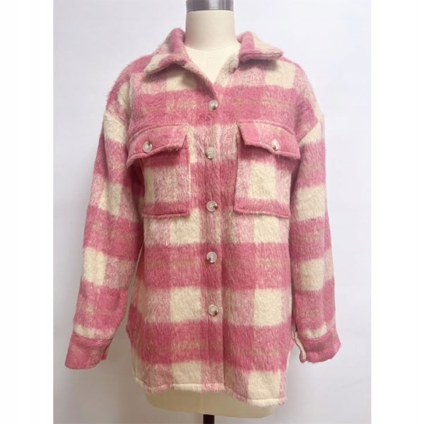 Vinter ullkappa Casual Rutig flanelljacka Jacka Oversized Button Down Långärmad höstskjorta Jacka Kappa Toppar Jacka Dam PINK XL