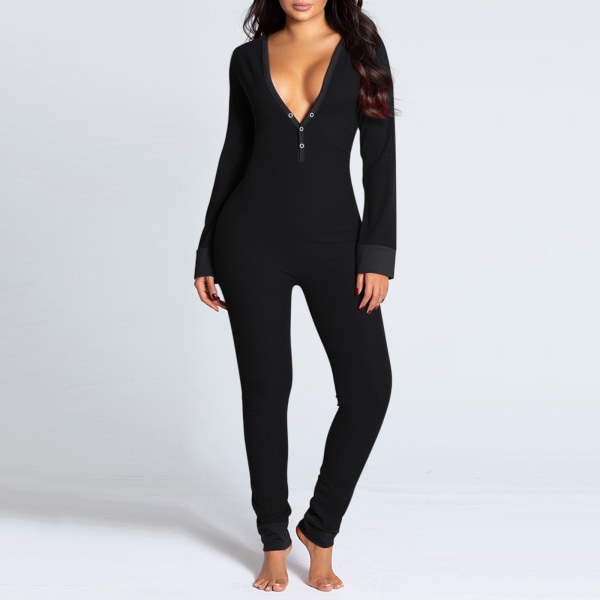 Lingerie Jumpsuit med Bakficka för Kvinnor Onesie Pyjamas Bakåtknappad Bodycon Nattkläder Vuxna Onesies Combinaison Pyjama Femme Black S