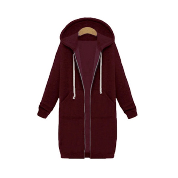 Dam Hoodie Sweatshirt Jacka med Blixtlås, Lång, Plus Size Wine Red 4XL