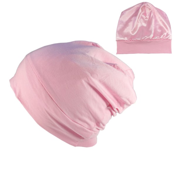Satinfodrad mössa, silkesmössa Sömnmössa Cap Cover Slouchy Beanie Nattsovmössa Justerbar för lockigt svart hår Light Pink