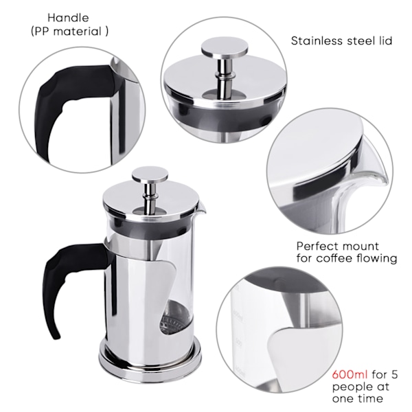 304 Rostfritt Stål & Glas Fransk Press Kaffe & Te Maker 350ML Värmebeständig Dubbelväggad Isolerad Kan för Varma & Kalla Drycker