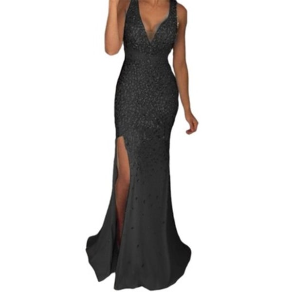Elegant lång aftonklänning för kvinnor med slits och guldstämpling Klänning Lång klänning aftonklänning black XXL