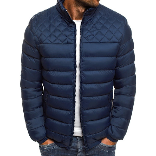 Herrar Ståkrags Solid Färg Romb Mönster Bomull Enkel Mode Slank Jacka Höst och Vinter Casual Topp BLUE1 M