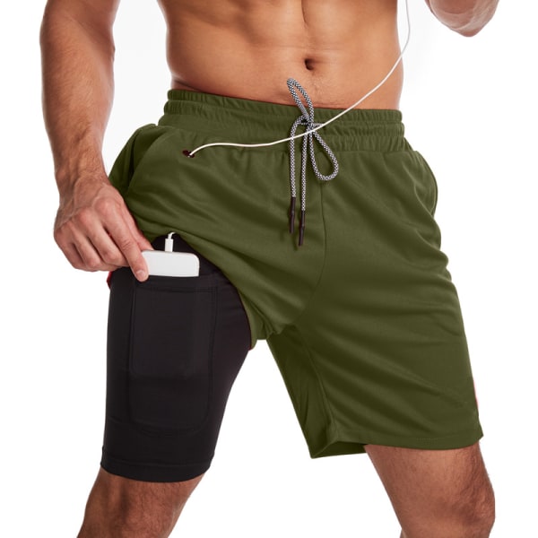 Baddräkter för Män, Baddräkter med Kompressionsfoder 2 i 1 Snabbtorkande Stretchiga Herrbaddräkter Surfstrandshorts med 2 Fickor med Dragkedja Light Gray M