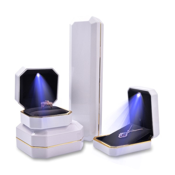 Lyxig ringlåda, fyrkantig case Smycken Presentask med LED-ljus för förslag Förlovningsbröllop, svart White Ear Nail Box