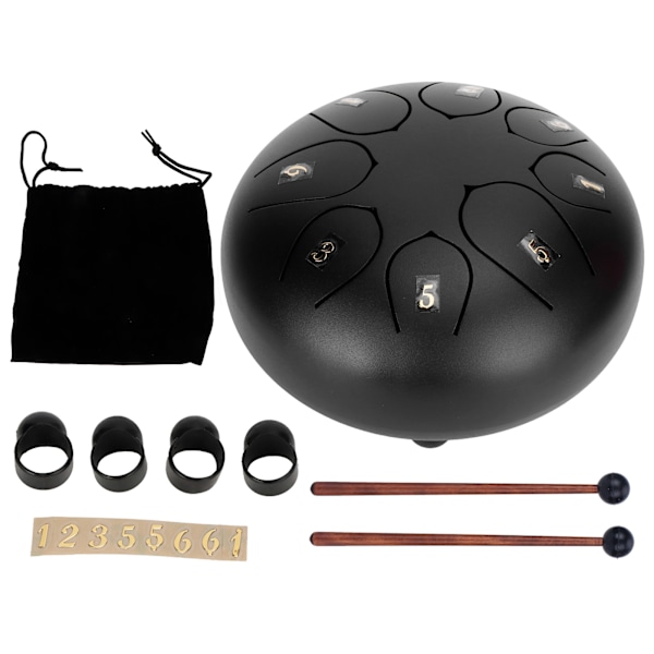 8-Tons Eterisk Handpantrumma Percussioninstrument 6 tum Tungtrumma med Trumstock, Svart, 8-Tons Musikalisk Handpantrumma Set