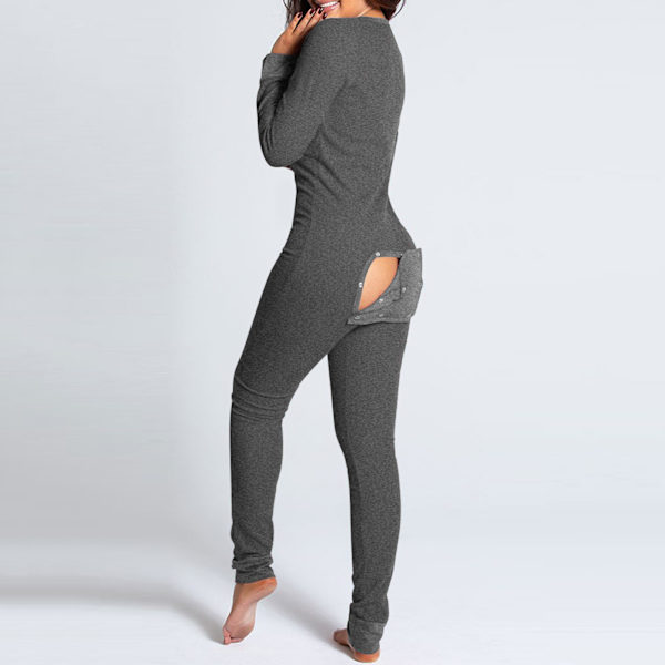 Lingerie Jumpsuit med Bakficka för Kvinnor Onesie Pyjamas Bakåtknappad Bodycon Nattkläder Vuxna Onesies Combinaison Pyjama Femme Grey M