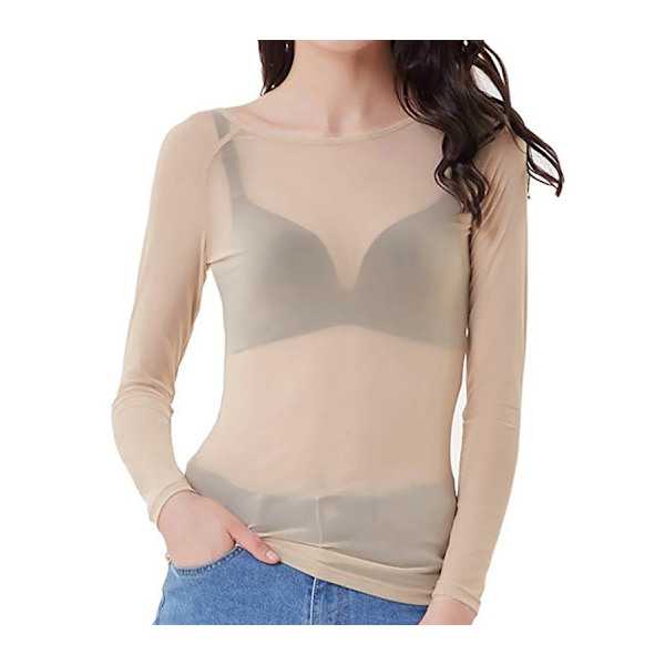 Kvinnors Genomskinlig Långärmad Sömlös Armformare Topp Mesh Skjorta Blus Khaki M