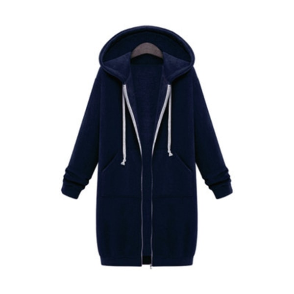 Dam Hoodie Sweatshirt Jacka med Blixtlås, Lång, Plus Size Navy Blue 4XL