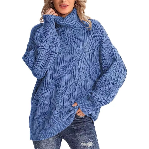 Lös tröja med polokrage för kvinnor, höst och vinter. Moderiktig kabelstickad tröja Casual , lös långärmad topp blue M