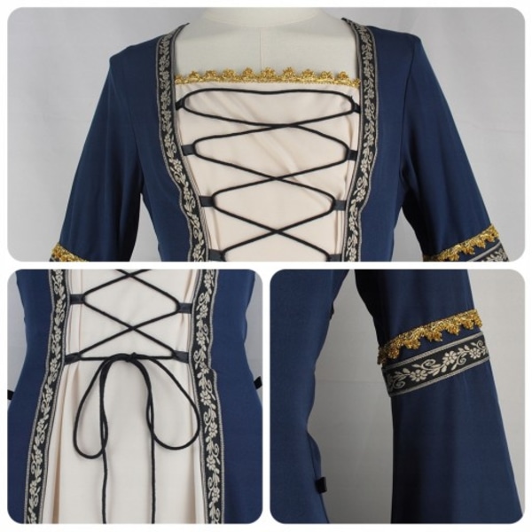 Lång klänning med fyrkantig halsringning och klockärmar - Gotisk retro, medeltida palatsdräkt för kvinnor blue M