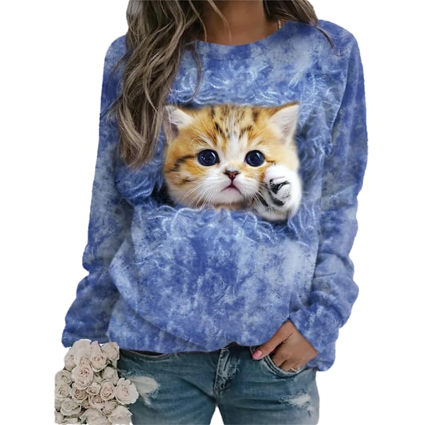 Damtröja med Djurtryck, Långärmad, Rundhalsad, Trendig, Casual, Söt Katttryck, Tunn, Lös Topp blue XL