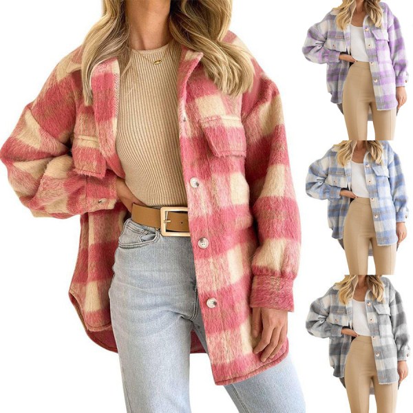 Vinter ullkappa Casual Rutig flanelljacka Jacka Oversized Button Down Långärmad höstskjorta Jacka Kappa Toppar Jacka Dam PINK M