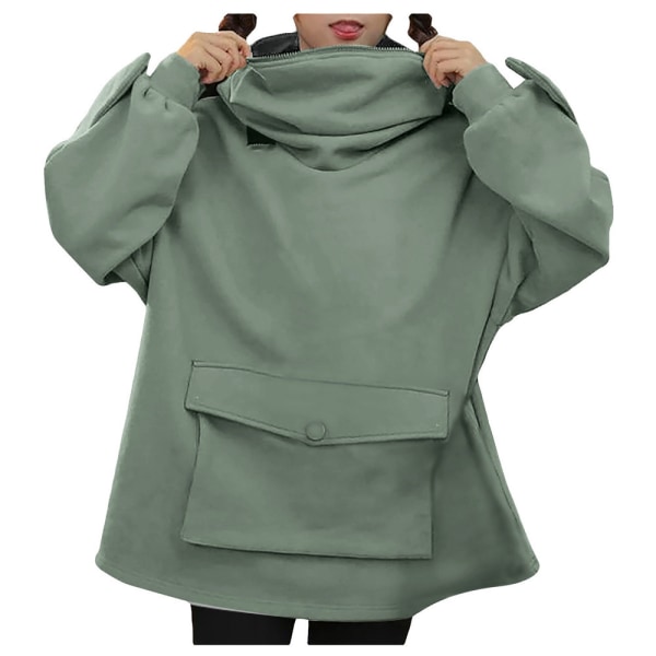 Plyschtröja dam Midi Design Sense Supersöt söt groda Hooded Dragkedja Fickor Slouchy Coat Top GREEN S