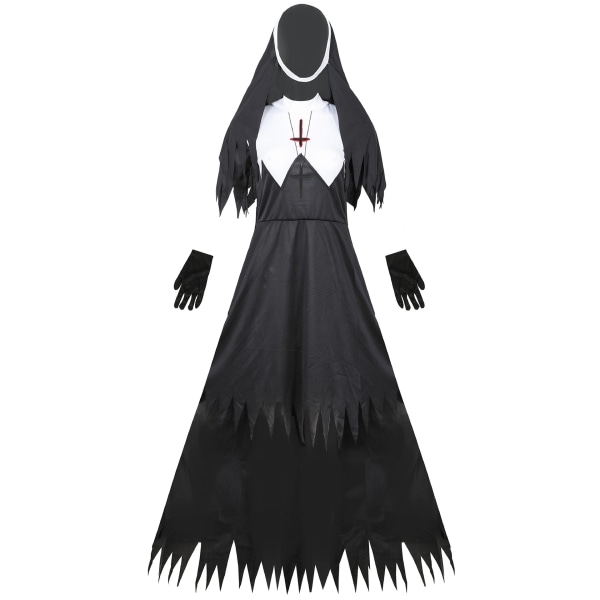 Kvinnors fruktansvärda nunna kostym Halloween Cosplay kostym Black L