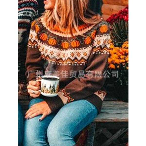 Print Skinny Knit Sweater Vår Höst Street Hipster Pumpkin Pullover Brun Crewneck Knit Top L