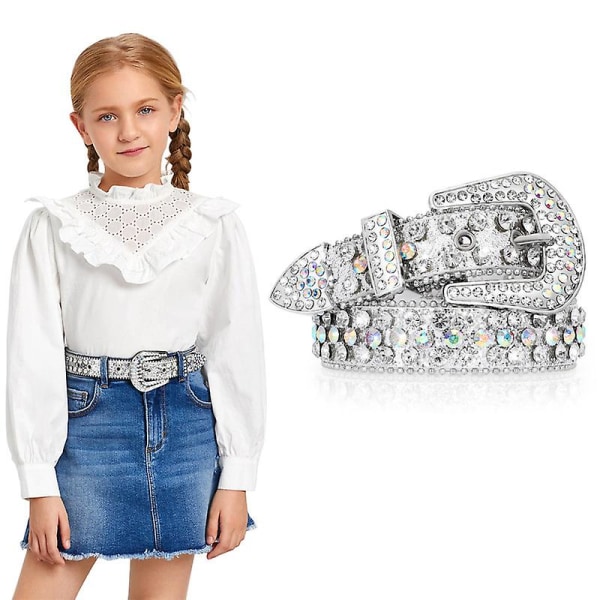Kid Rhinestone-bälte för pojkar och flickor, Western Cowboy Cowgirl-barnbälte med diamantkristallbälte för Jean Pant white 105cm(41Inch)