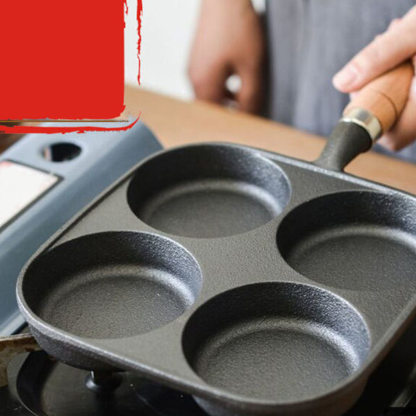 Gjutjärnspanna för ägg, 4 koppar, anti-klibb, non-stick, för induktion och gasspis, jämn värmefördelning, enkel rengöring
