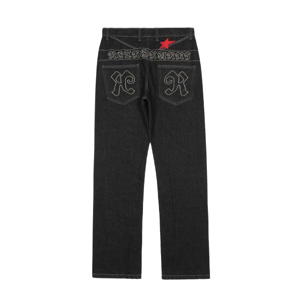 Vintage broderade jeans för män Gatubokstäver Pentagram Trendiga lösa vida ben Casual raka byxor L
