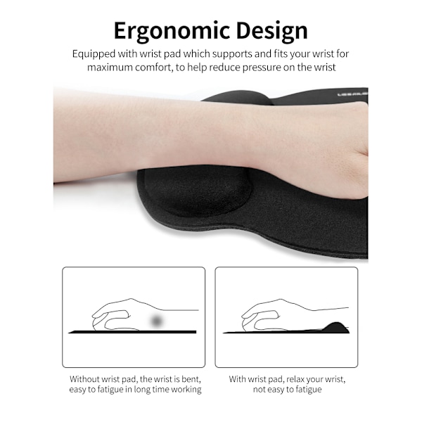 Gaming-musmatta för kontor med handledsstöd i minnesskum för PC-bärbar dator, halkfri smidig rörelse exakt positionering, ergonomisk design, svart