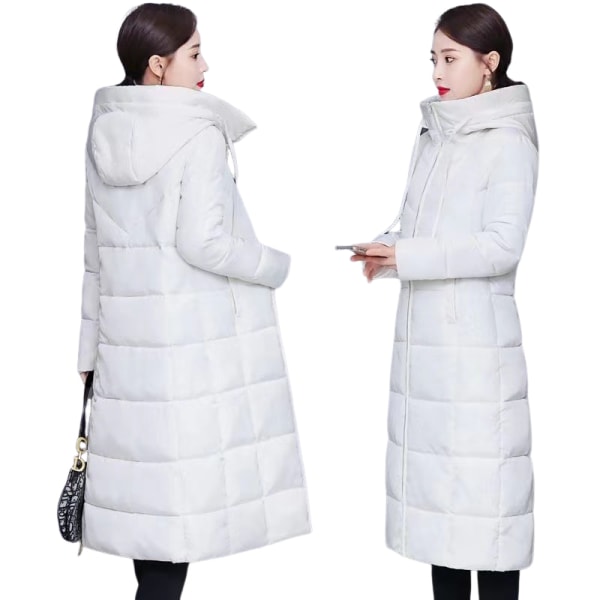 Vinterjacka med luva för kvinnor, lång över knä, varm tjock vadderad jacka, vadderad dunjacka i casual WHITE 2XL