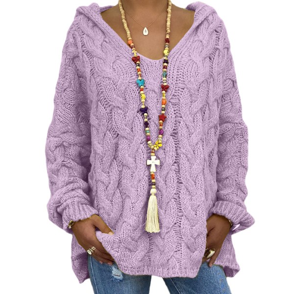 Huvtröja i Twist-Stickad, Solid Färg för Kvinnor, Höst/Vinter Mode, V-ringad, Lös, Casual, Tunn purple XL