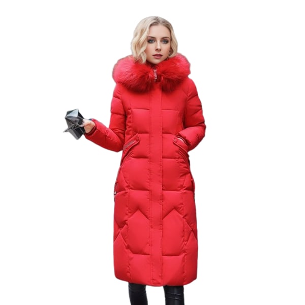 Damkappa i bomull, medellång, vintermode, smal, knälång, stor pälskrage, tjock bomullsjacka, trendig damkläder red XXXXL