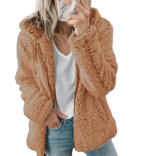 Dam fleece fluffig huva långärmad jacka vinter varm teddybjörn cardigan Coffee XXL