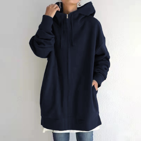 Dam Lång Luvtröja Tunika Vinter Varma Fleecejackor Casual Oversize Sweatshirt Kappa Zip Up Huvtröjor med fickor Dark-Blue L