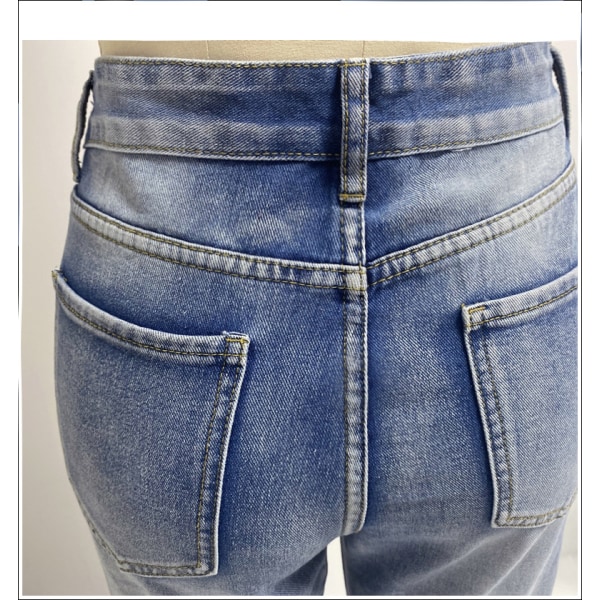 Kvinnors vår och höst nytt mode temperament mikroutsvängda byxor trend slitna tvättade jeans med vida ben blue1 S