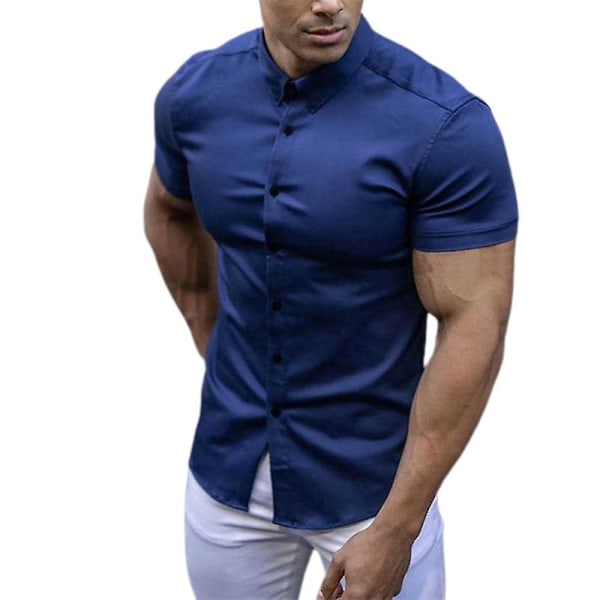 Damskjortor med enkel passform för män med kort ärm, fritidsskjortor med casual knappar Dark Blue S