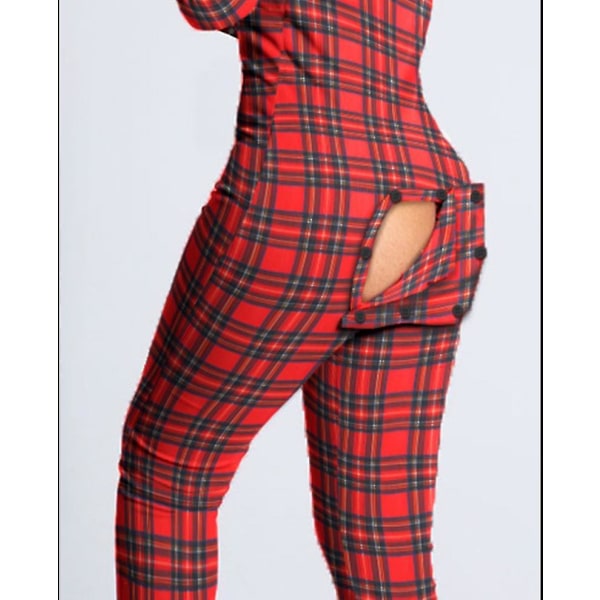 Lingerie Jumpsuit med Bakficka för Kvinnor Onesie Pyjamas Bakåtknappad Bodycon Nattkläder Vuxna Onesies Combinaison Pyjama Femme Red plaid L