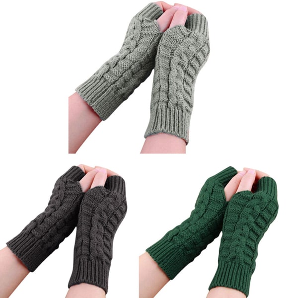 Unisex varmare vinter lång stickad arm halvfinger handskar fingerlös vante Dark-Green