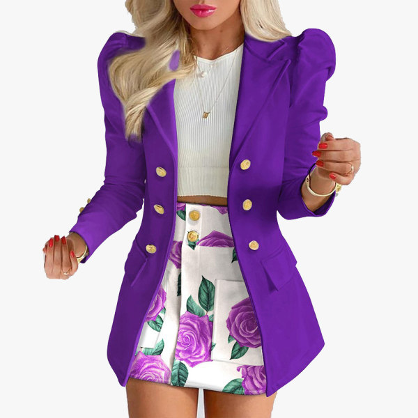 Damer med fickor kavaj och set Slim Fit formell kostymset långärmad tvådelad outfit Purple Theme M