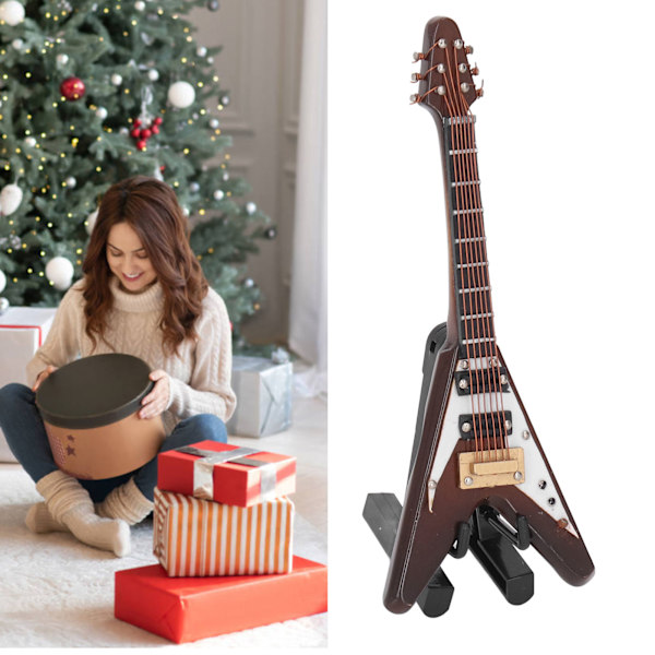 Miniatyr Elektrisk Gitarr i Trä för Dockhus Dekoration, 3.9 tum Mini Musikinstrument med Stativ, Perfekt för Heminredning eller Present