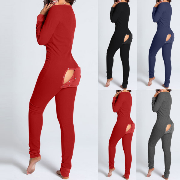 Butt Flap Underkläder Jumpsuit Dam Onesie Pyjamas Rygg Button-down Bodycon Nattkläder Vuxna Onesies Combinaison Pyjamas Femme Hög kvalitet L Grey