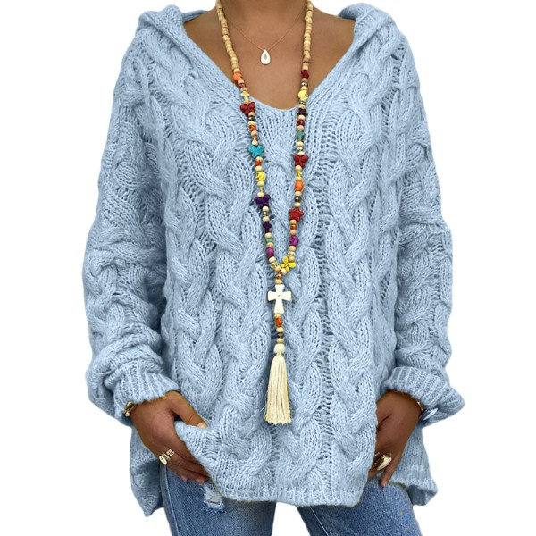 Huvtröja i Twist-Stickad, Solid Färg för Kvinnor, Höst/Vinter Mode, V-ringad, Lös, Casual, Tunn blue M