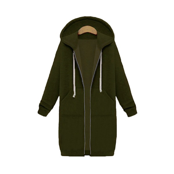 Dam Hoodie Sweatshirt Jacka med Blixtlås, Lång, Plus Size Army Green 4XL