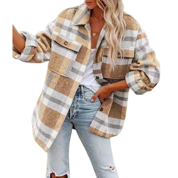 Kvinnors Klassiska Rutiga Knappskjortor Långärmad Flanell Kragejacka Höst och Vinter Casual Lös Ull Cardigan Kavaj YELLOW XS