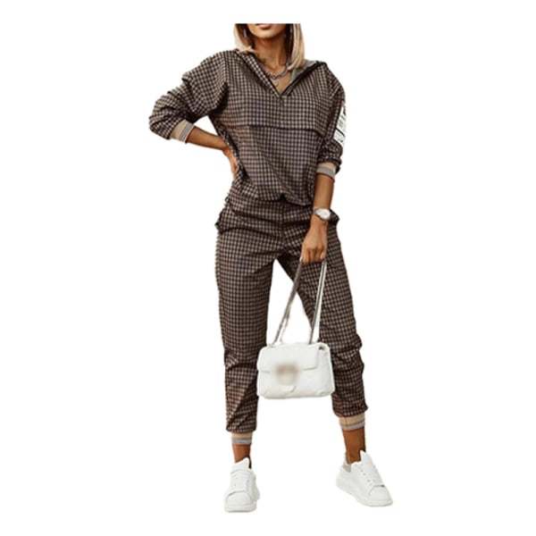 Kostym för kvinnor, flerfärgad tryckt långärmad byxdress med huva, smal, elegant, pendlar-kostym COFFE XL