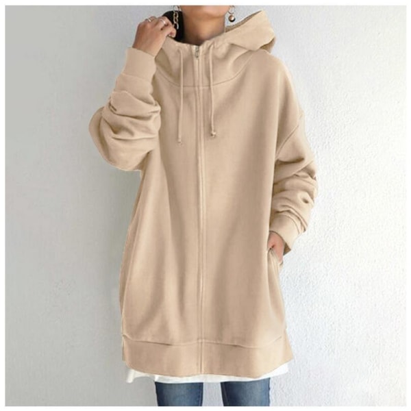 Dam Hoodie Tunika Vinter Varm Fleecejacka Casual Oversize Sweatshirt Kavaj Dragkedja Upp Hoodie Med Fickor Khaki L