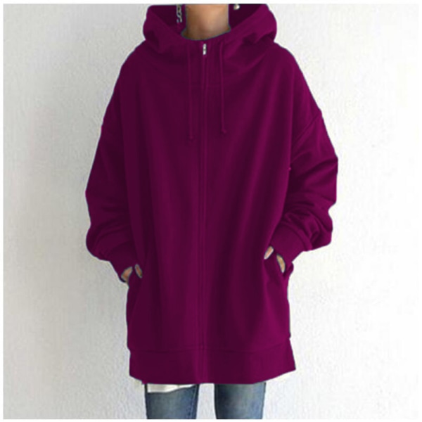 Dam Hoodie Tunika Vinter Varm Fleecejacka Casual Oversize Sweatshirt Kavaj Dragkedja Upp Hoodie Med Fickor Rose-Red XL