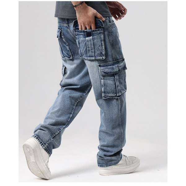 Hiphopbyxor för män Nostalgisk Retro Flerfickor Casual Overaller i stor storlek Mode Lösa skateboardjeans blue 32