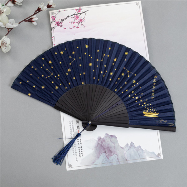 O Silk Folding Fan, Fa Bamboo Folding Hand Fan Blue