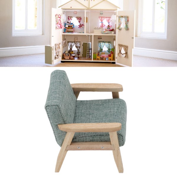 1:12 Skalmodell Japansk Stil Miniatyr Soffa, Grågrön Tyg Fåtölj, Enstaka Vardagsrums Möbel Dekoration för Miniatyr Samlare