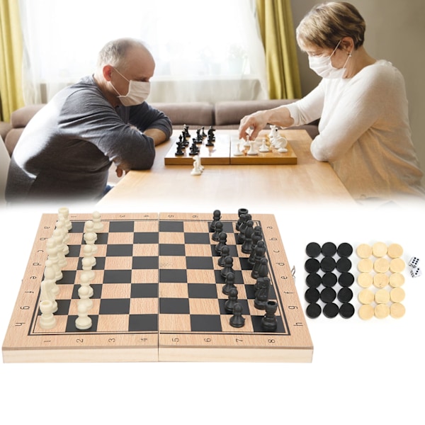 Träbräde för schack, dam och backgammon 3-i-1, vikbart, 24 x 24 cm / 9,4 x 9,4 tum, bärbar interaktivt spelset